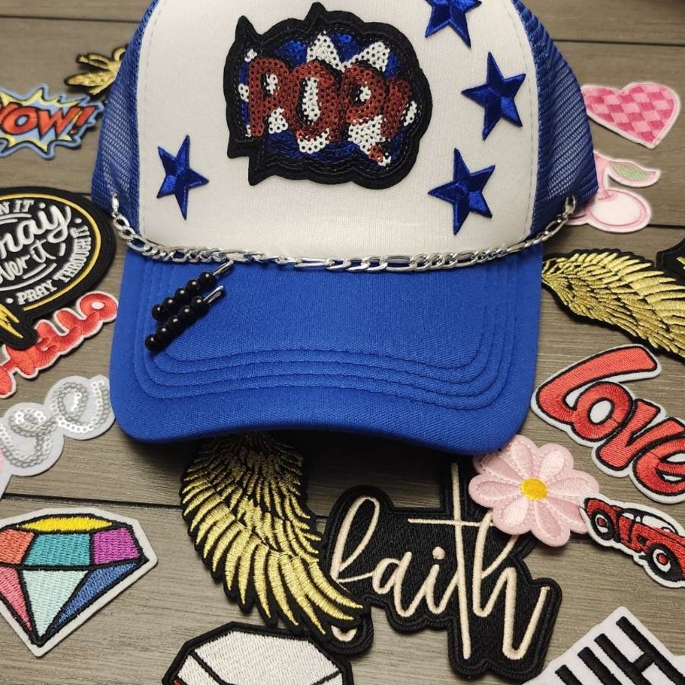 Blue and White Trucker Hat with Star Patches